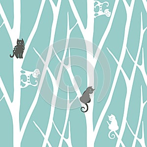 Seamless trendy pattern with trees and cats. Floral vintage wallpaper. Fanny vector illustration