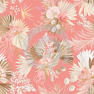 Seamless tropic floral pattern, pastel dry palm leaves, boho tropical flower, orchid, protea