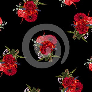 Seamless tropic floral pattern, watercolor style flower, roses, gerbera. Illustration design for fashion textile