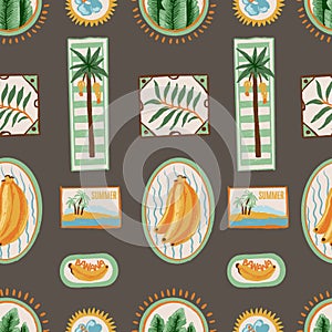 Seamless tropic fruits vector pattern with summer labels, palm trees and decorative frames