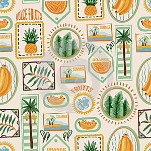 Seamless tropic fruits vector pattern with summer labels, palm trees and decorative frames