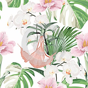 Seamless tropical exotic flowers and green leaves pattern on light background.