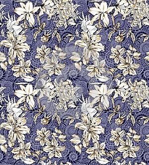 Seamless Tropical floral flowers with geometri background pattern, fabric textile printing, wallpapers, gift wrap.