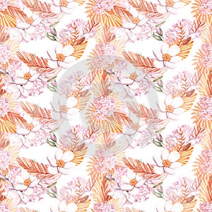 Seamless tropical floral pattern, pastel dry palm leaves, boho tropical flower, rose. Watercolor illustration design for