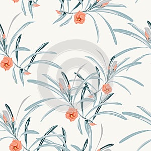 Seamless tropical flower pattern background. Tropical flowers, jungle leaves, on light background. Exotic print.