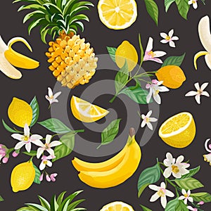 Seamless Tropical Fruit pattern with lemon, banana, pineapple, fruits, leaves, flowers background. Hand drawn watercolor