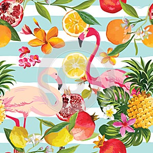 Seamless Tropical Fruits and Flamingo Pattern