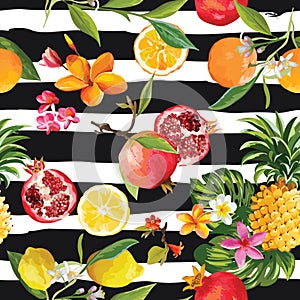 Seamless Tropical Fruits Pattern. Pomegranate, Lemon, Orange