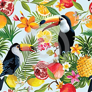 Seamless Tropical Fruits and Toucan Pattern