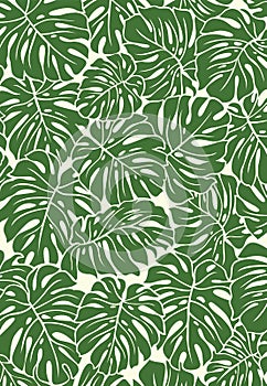 Seamless tropical green leaves pattern style on white background, flat line vector and illustration.
