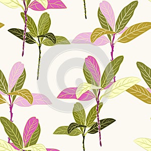 Seamless tropical green and pink leaves pattern on light yellow background.