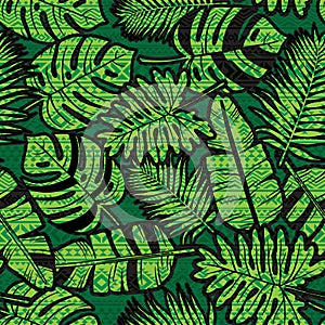 Seamless tropical jungle print with Aztec inlaid pattern