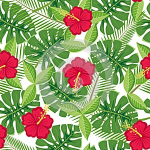Seamless tropical leaves and flowers - monstera and hibiscus on a white background
