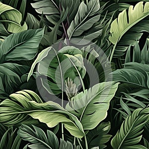 Seamless tropical leaves pattern with monstera, banana tree, and palm on dark background