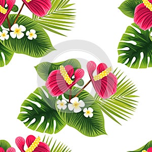 Seamless tropical ornament. Beautiful flowers and green leaves