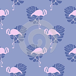 Seamless tropical pastel pattern with pink flamingo silhouettes and monstera leaves exotic leaf and bird repeatable background.