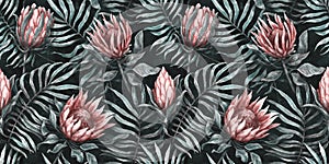 Seamless tropical pattern. Exotic background with protea flowers and tropical leaves.