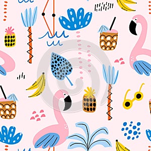 Seamless tropical pattern with flamingo, palm and tree summer elements. Vacation style pink vector texture