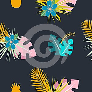 Seamless tropical pattern with flowers and leaves. Herbal design with plants as texture, fabric, clothes. Vector illustration