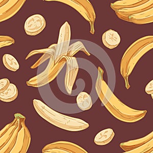 Seamless tropical pattern with fresh banana bunches and peeled slices. Endless fruity texture design for printing and