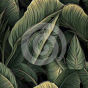 Seamless tropical pattern with green monstera, banana tree, and palm leaves on a dark background