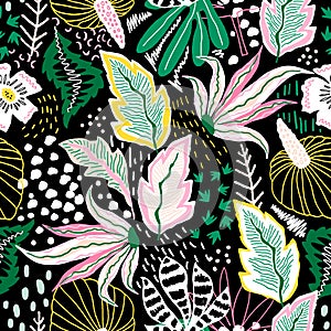 Seamless tropical pattern with hand drawn plants, leaves and exotic flowers. Jungle summer background. Perfect for fabric design,