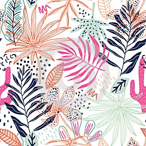 Seamless tropical pattern with hand drawn plants, leaves, flowers. Jungle summer background. Perfect for fabric design, wallpaper