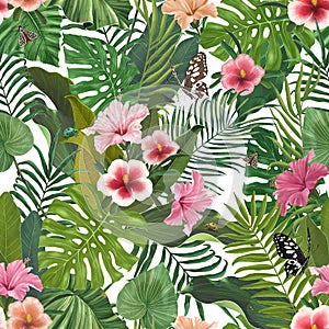 Seamless tropical pattern with hibiscus flowers and leaves.