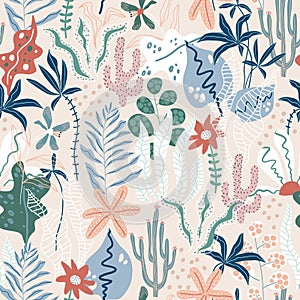 Seamless tropical pattern. Jungle summer background. Perfect for fabric design, wallpaper, apparel. Vector illustration