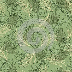 Seamless tropical pattern with leaves monstera and palm on a green background