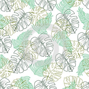 Seamless tropical pattern with leaves monstera and palm on a white background