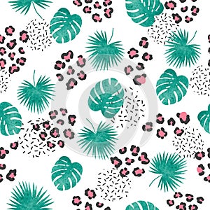 Seamless tropical pattern with leopard print and palm leaves