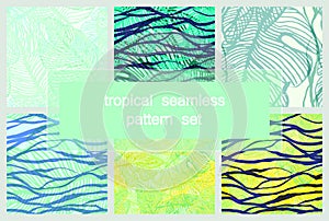 Seamless tropical pattern made up of Monstera deliciosa plant leaves and abstract waves, vector