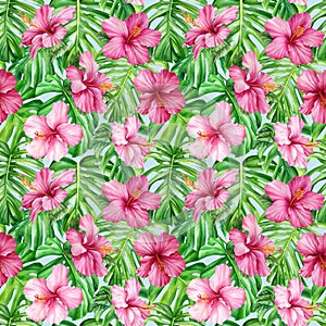 Seamless tropical pattern. Palm leaves, tropical pink hibiscus flowers.