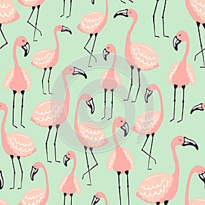 Seamless tropical pattern with pink flamingos on the green background. Vector summer hand-drawn illustration of a flamingo for