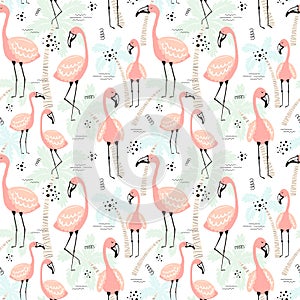 Seamless tropical pattern with pink flamingos on the palm background. Vector summer hand-drawn illustration of a flamingo for kids