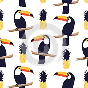 Seamless tropical pattern with toucans and pineapples on white background. photo