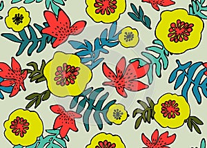 Seamless tropical pattern. Tropical plants and flowers in coral, teal and neon yellow colors. Floral background. Fashion