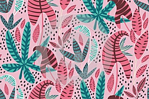 Seamless tropical  pattern with tropical plants and  leaves on a bright pastel pink background. Fashion Botanical print.