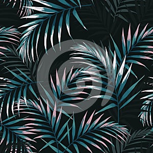 Seamless tropical pattern, vivid tropic foliage, with dark and pink palm leaves.