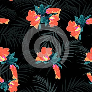 Seamless tropical pattern, vivid tropic foliage, with palm leaves and exotic orange hibiscus flowers.