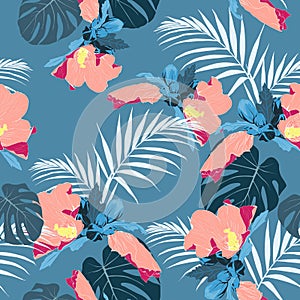 Seamless tropical pattern, vivid tropic foliage, with palm monstera leaves, tropical pink hibiscus flower in bloom.