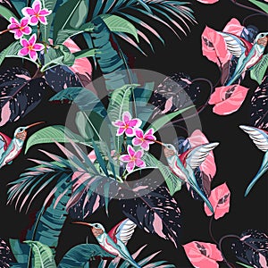 Seamless tropical pattern, vivid tropic foliage, withpink blue palm leaves.