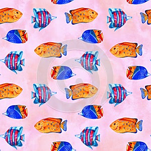 Seamless tropical pattern. Watercolor illustration with hand drawn aquarium exotic fish on white background. Blue set.