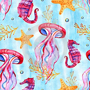 Seamless tropical pattern. Watercolor illustration with hand drawn aquarium exotic fish on white background. Blue set.