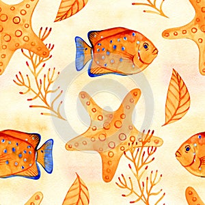 Seamless tropical pattern. Watercolor illustration with hand drawn aquarium exotic fish on white background. Blue set.