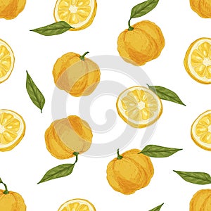 Seamless tropical pattern with yuzu and leaves on white background. Endless repeatable texture with yellow Japanese