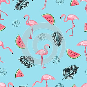 Seamless tropical trendy pattern with watercolor flamingos, watermelon and palm leaves on blue.