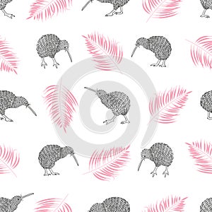 Seamless tropical trendy pattern with watercolor kiwi birds and palm leaves.