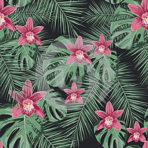Seamless tropical vector pattern with orchids flowers and exotic palm leaves.